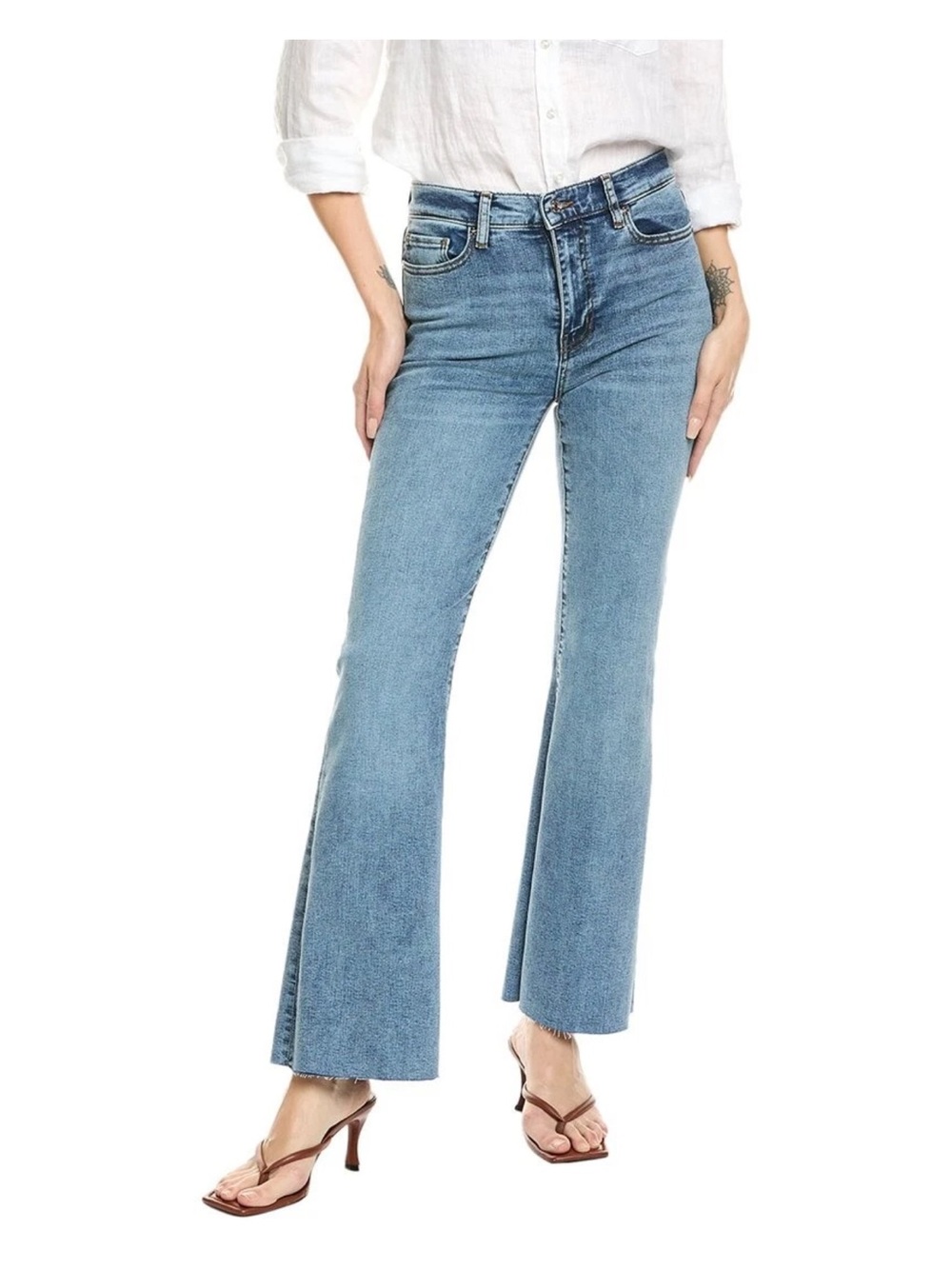 FRAME Le Easy Flare Jeans Womens 27 Blue High Rise Stretch Fit Raw Hem